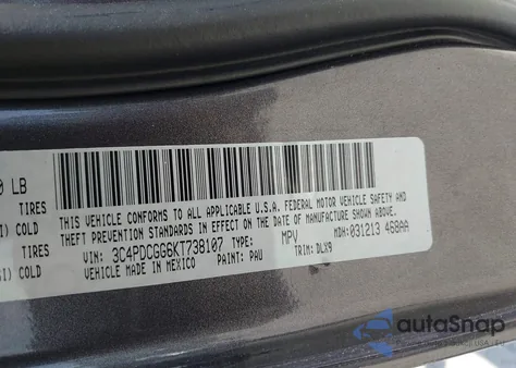 2019 Dodge Journey Crossroad из США, поврежденный, VIN 3C4PDCGG6KT738107